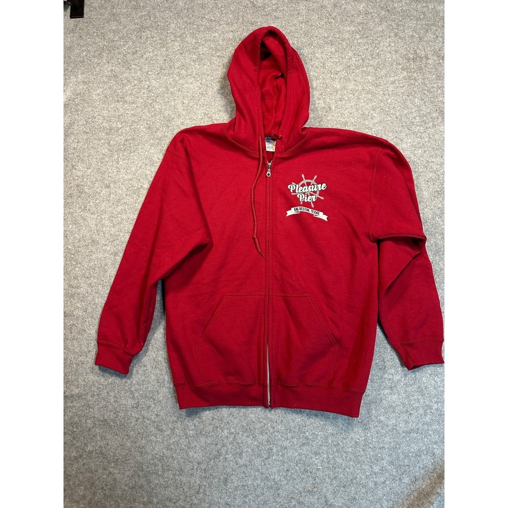 Gildan‎ Heavy Blend Pleasure Pier Galveston Texas Full Zip Hoodie Red Mens Large